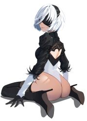 Rule 34 | 1girl, 2b (nier:automata), absurdres, ass, black blindfold, black feathers, blindfold, boots, breasts, curvy, feathers, full body, gloves, headband, high heels, highleg, highleg leotard, highres, huge ass, leotard, medium breasts, medium hair, mole, mole under mouth, multicolored clothes, multicolored gloves, nier:automata, nier (series), puffy sleeves, shiny skin, sideboob, sitting, smile, solo, thigh boots, thong leotard, wariza, white background, white hair, white leotard, wide hips, ynnk lc