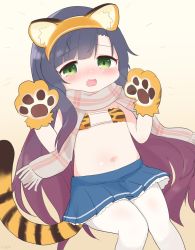 Rule 34 | 1girl, alternate costume, animal ears, animal hands, animal print, bikini, blue hair, blue skirt, blush, chinese zodiac, commentary request, eyepatch bikini, fake animal ears, fang, flat chest, freckles, frilled skirt, frills, gloves, gradient hair, highres, kantai collection, koeda (koeda1kg), long hair, looking at viewer, matsuwa (kancolle), multicolored hair, nose blush, open mouth, pantyhose, paw gloves, pleated skirt, purple hair, scarf, simple background, skirt, solo, swimsuit, tail, tiger ears, tiger print, tiger tail, very long hair, white pantyhose, year of the tiger, yellow background