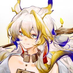 Rule 34 | 1girl, arknights, bare shoulders, blue eyes, blue hair, chinese commentary, closed mouth, collarbone, colored tips, commentary request, dragon horns, earrings, gradient background, green hair, grey hair, hair between eyes, hair intakes, highres, horns, jacket, jewelry, long hair, looking at viewer, multicolored hair, off shoulder, pointy ears, portrait, shenron14437, shu (arknights), solo, stick, strapless, tassel, tassel earrings, white background, white jacket