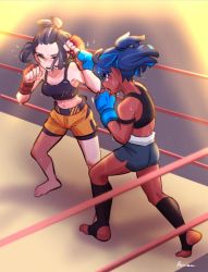 Rule 34 | 2girls, amazu (kurozu), aoi (amazu), bare shoulders, barefoot, black hair, black socks, blue gloves, blue hair, blue shorts, blush, boxing, boxing ring, breasts, cleavage, commentary, commission, crop top, english commentary, fingerless gloves, forehead, gloves, highres, medium breasts, multicolored hair, multiple girls, navel, no shoes, one eye closed, open mouth, orange shorts, original, ponytail, red gloves, second-party source, short shorts, shorts, socks, stirrup legwear, streaked hair, sweat, toeless legwear