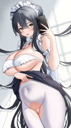 Rule 34 | 1girl, :p, absurdres, arm strap, azur lane, black hair, black skirt, blush, bra, breasts, cellphone, clothes lift, covered navel, crotch cutout, frills, fujioni, green eyes, groin, hair between eyes, high-waist pantyhose, highres, holding, holding phone, indomitable (azur lane), indomitable (ms. motivationless maid) (azur lane), large breasts, lifted by self, long hair, looking at viewer, maid headdress, no panties, pantyhose, partially visible vulva, phone, skindentation, skirt, skirt lift, smartphone, smile, solo, thighs, tongue, tongue out, underboob, underwear, very long hair, white bra, white pantyhose