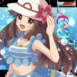 Rule 34 | 1girl, :d, bare arms, blue sarong, blue shirt, blush, brown eyes, brown hair, bubble, character name, collarbone, commentary request, cosplay, creatures (company), eyelashes, flower, game freak, gloria (pokemon), gloria (pokemon) (cosplay), gloria (summer 2021) (pokemon), hand up, haru (haruxxe), hat, hat flower, jewelry, leaf (pokemon), navel, necklace, nintendo, open mouth, pokemon, pokemon frlg, pokemon masters ex, purple flower, sarong, shirt, sleeveless, sleeveless shirt, smile, solo, tongue, white hat
