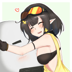 Rule 34 | 1girl, arknights, arm strap, bandeau, black hair, black scarf, breast press, breasts, closed eyes, eunectes (arknights), goggles, goggles on head, heart, hug, lancet-2 (arknights), large breasts, light blush, maiq06, one-hour drawing challenge, pointy ears, robot, scarf, short hair, smile, strapless, tube top