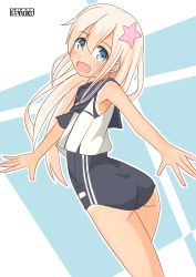 Rule 34 | 1girl, ass, black neckwear, black one-piece swimsuit, black sailor collar, blonde hair, blue eyes, crop top, feet out of frame, flower, from behind, hair flower, hair ornament, highres, kantai collection, long hair, looking at viewer, looking back, one-piece swimsuit, one-piece tan, open mouth, pepatiku, ro-500 (kancolle), sailor collar, school swimsuit, smile, solo, swimsuit, swimsuit under clothes, tan, tanline, two-tone background