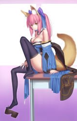 Rule 34 | 10s, 1girl, animal ears, bad id, bad pixiv id, bare shoulders, black thighhighs, breasts, cleavage, detached sleeves, fate/extra, fate (series), feet, fox ears, fox tail, highres, large breasts, long hair, no shoes, pink hair, ponytail, shoe dangle, shoes, single shoe, sitting, smile, solo, table, tail, tamamo (fate), tamamo no mae (fate/extra), thighhighs, tsukikanade, yellow eyes