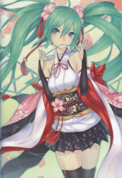 Rule 34 | 1girl, detached sleeves, flower, green eyes, green hair, hair flower, hair ornament, hatsune miku, japanese clothes, matching hair/eyes, miko, nidy, obi, sash, solo, string around finger, string in mouth, traditional clothes, twintails, vocaloid