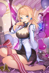 Rule 34 | 1girl, balloon, barefoot, blonde hair, blue hair, blush, bow, breasts, chocolate, choker, cleavage, cocorip, corset, cupcake, earrings, food, gloves, grin, jacket, jewelry, large breasts, licking, long hair, lowres, open mouth, ribbon, rose pacifica, single glove, sitting, skirt, smile, solo, striped, swept bangs, sword girls, wariza, wings