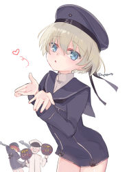 Rule 34 | 1boy, 2girls, admiral (kancolle), anchor, blowing kiss, blue eyes, blush, clothes writing, commentary request, dress, hand fan, hat, heart, highres, holding, holding fan, kantai collection, long sleeves, looking at viewer, megane poni, military, military uniform, multiple girls, paper fan, peaked cap, red hair, sailor collar, sailor dress, sailor hat, short hair, silver hair, simple background, striped, striped background, twitter username, uniform, white background, z1 leberecht maass (kancolle), z3 max schultz (kancolle)