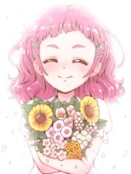 Rule 34 | 1girl, ^ ^, blouse, blush, bouquet, closed eyes, commentary request, closed eyes, flower, flower request, full-face blush, hair ornament, holding, holding bouquet, hugtto! precure, long hair, name connection, nono hana, petals, pink hair, precure, puffy short sleeves, puffy sleeves, shirt, short sleeves, smile, solo, tj-type1, upper body, x hair ornament