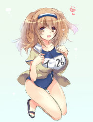 Rule 34 | 10s, 1girl, brown eyes, brown hair, clothes writing, hairband, houkiri nemu, i-26 (kancolle), kantai collection, kneeling, light brown hair, long hair, looking at viewer, name tag, new school swimsuit, one-piece swimsuit, sailor collar, school swimsuit, short sleeves, solo, swimsuit, swimsuit under clothes, twintails, two-tone hairband, two side up