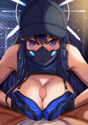 Rule 34 | 1boy, 1girl, araimooah, baseball cap, black gloves, black hair, black headwear, blue archive, blue eyes, blue hair, blunt bangs, breasts, breasts squeezed together, censored, chain-link fence, dark blue hair, fence, gloves, halo, hat, hetero, large breasts, long hair, looking at viewer, mask, mixed-language commentary, mosaic censoring, motion lines, mouth mask, paizuri, paizuri under clothes, penis, pov, pov crotch, saori (blue archive), solo focus, sweat, v-shaped eyebrows