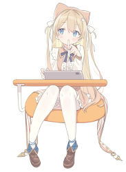 Rule 34 | 1girl, ankle boots, blade (galaxist), blonde hair, blue eyes, blue ribbon, blush, boots, brown footwear, copyright request, desk, drawing tablet, fold-over boots, hand up, holding, holding drawing tablet, holding stylus, long sleeves, neck ribbon, pigeon-toed, ribbon, simple background, sitting, solo, stylus, thighhighs, two side up, virtual youtuber, white background, white thighhighs