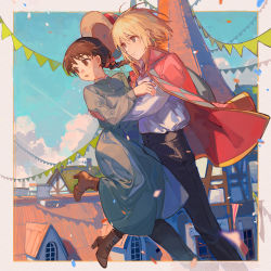 Rule 34 | 1boy, 1girl, aqua dress, architecture, bad id, bad twitter id, black pants, blonde hair, blue eyes, blue sky, bob cut, boots, border, braid, braided ponytail, breasts, brown eyes, brown footwear, brown hair, building, cape, carrying, carrying person, ciloranko, city, cloud, couple, dress, earrings, feet, flying, foot focus, full body, hair between eyes, hair ribbon, hand on another&#039;s arm, hand on another&#039;s back, hat, unworn hat, unworn headwear, high collar, high heel boots, high heels, highres, howl (howl no ugoku shiro), howl no ugoku shiro, jewelry, long dress, long hair, long sleeves, looking to the side, low ponytail, medium breasts, outdoors, pants, parted lips, pennant, puffy sleeves, red cape, ribbon, rooftop, shirt, short hair, sky, sophie (howl no ugoku shiro), white shirt