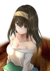 Rule 34 | 1girl, absurdres, artist request, bare shoulders, beige sweater, black hair, black skirt, blue eyes, blush, book, breasts, cleavage, collarbone, hairband, highres, holding, holding book, idolmaster, idolmaster cinderella girls, large breasts, long hair, looking at viewer, off-shoulder, off-shoulder sweater, off shoulder, open mouth, ribbed sweater, sagisawa fumika, simple background, skirt, solo, sweater, white background, wooden floor