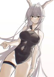 Rule 34 | 1girl, 2naom8q6gt87292, absurdres, arknights, black eyes, black one-piece swimsuit, blush, breasts, commentary, covered navel, cowboy shot, demon horns, dutch angle, grey hair, hair between eyes, highres, horns, long hair, looking at viewer, medium breasts, official alternate costume, one-hour drawing challenge, one-piece swimsuit, parted lips, pointy ears, ponytail, shining (arknights), shining (silent night) (arknights), sidelocks, simple background, smile, solo, standing, swimsuit, thigh strap, very long hair, white background