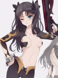Rule 34 | 1girl, akao ppai, back tattoo, backless outfit, bad id, bad twitter id, bare back, belt, black bow, black hair, blue eyes, blush, bow, breasts, closed mouth, collarbone, cosplay, covered erect nipples, cowboy shot, emiya alter, emiya alter (cosplay), fate/grand order, fate/stay night, fate (series), frown, gun, hair bow, hand on own hip, holding, holding gun, holding weapon, looking at viewer, midriff, multiple views, navel, one eye closed, parted bangs, revealing clothes, small breasts, stomach, sweat, sweatdrop, tattoo, tohsaka rin, two side up, v-shaped eyebrows, weapon