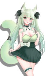Rule 34 | 1girl, :d, absurdres, animal ears, arknights, black bow, blush, bow, bow skirt, breasts, cat ears, cat girl, cat tail, cleavage, cowboy shot, fang, green bow, green eyes, green hair, green shirt, green skirt, hair bow, harmonie (arknights), highres, infection monitor (arknights), large breasts, long hair, open mouth, pleated skirt, shirt, shirt tucked in, simple background, skin fang, skirt, skirt tug, smile, solo, strapless, strapless shirt, tail, tail ornament, tail ring, white background, yokaze kotoha