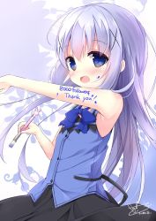 Rule 34 | 1girl, :d, armpits, artist name, bare arms, bare shoulders, black skirt, blue eyes, blue hair, blue vest, blush, body writing, buttons, commentary request, cowboy shot, english text, flat chest, floral background, gochuumon wa usagi desu ka?, hair ornament, hairclip, highres, holding, holding paintbrush, kafuu chino, kouda suzu, light blue hair, long hair, looking at viewer, milestone celebration, no shirt, open mouth, paint, paint stains, paintbrush, rabbit house uniform, sidelocks, signature, skirt, sleeveless, smile, solo, thank you, two-tone background, vest, x hair ornament