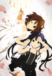 Rule 34 | 2girls, :o, absurdres, animage, arm up, bare shoulders, black dress, black hair, brown eyes, brown hair, cherry blossoms, dress, frills, holding hands, hand on forehead, highres, hirasawa yui, horiguchi yukiko, interlocked fingers, k-on!, k-on! movie, lace, long hair, looking at viewer, looking away, lying, multiple girls, nakano azusa, official art, on back, one eye closed, parasol, scan, short hair, twintails, umbrella, very long hair, white dress