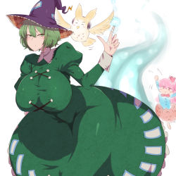 Rule 34 | 2girls, :/, animalization, arm up, ass, bird, blue shirt, blush, bow, bowtie, breasts, bubble skirt, closed eyes, closed mouth, collared dress, dress, earmuffs, eyebrows, flying sweatdrops, ghost tail, green dress, green eyes, green hair, hat, hata no kokoro, highres, hip focus, huge breasts, juliet sleeves, long sleeves, mask, motion lines, multiple girls, owl, plaid, plaid headwear, puffy sleeves, purple hat, red bow, red bowtie, sekiyu (spartan), shirt, simple background, skirt, soga no tojiko, touhou, toyosatomimi no miko, white background, witch hat