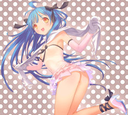 Rule 34 | 1girl, ahoge, ass, blue hair, blush, bow, breasts, cross-laced footwear, dress, elbow gloves, flat chest, glass slipper, gloves, hair bow, high heels, long hair, mittens, navel, nipples, no bra, no panties, orange eyes, original, polka dot, polka dot background, ribbon, scarf, see-through, short dress, small breasts, smile, solo, twintails, uni (plastic girl), very long hair