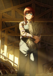 Rule 34 | 1girl, animal, bad id, bad pixiv id, barn, blue eyes, blue overalls, blush, braid, brown hair, ceiling, collared shirt, day, denim, emma verde, feet out of frame, hair over shoulder, hay, highres, holding, indoors, long hair, long sleeves, looking away, love live!, love live! nijigasaki high school idol club, love live! school idol project, overalls, papi (papiron100), parted lips, plaid, plaid shirt, shirt, signature, standing, straw (stalk), sunlight, twin braids, twintails