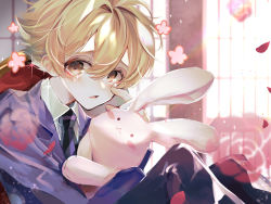 Rule 34 | 1boy, absurdres, black necktie, black pants, blazer, blonde hair, blue jacket, blush, chair, commentary, cowboy shot, flower, haninozuka mitsukuni, highres, holding, holding stuffed toy, indoors, jacket, knees up, looking at viewer, male focus, necktie, open mouth, ouran high school host club, ouran high school uniform, pants, petals, red flower, red rose, rose, rubbing eyes, school uniform, shirt, short hair, sitting, solo, sparkle, stuffed animal, stuffed rabbit, stuffed toy, tearing up, u-sama (u summer0719), unhappy, white shirt, window, yellow eyes