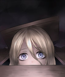 Rule 34 | blank stare, blonde hair, blue eyes, commentary request, covered mouth, floor, hair between eyes, head only, highres, hole, looking at viewer, neit ni sei, object on head, original, solo, spirit