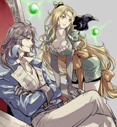 Rule 34 | 1boy, 1girl, belt, bird, blonde hair, bow, breasts, castlevania (series), castlevania: symphony of the night, chair, cleavage, closed mouth, crow, dress, gloves, grel (r6hgvu5), hair ribbon, konami, large breasts, long hair, maria renard, medium breasts, red eyes, ribbon, richter belmont, simple background, sitting, smile, very long hair