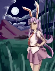 Rule 34 | 1girl, animal ears, backlighting, bamboo, cloud, expressionless, field, formerly, full moon, grass, hand on own hip, long hair, looking at viewer, looking to the side, moon, mountain, necktie, night, night sky, puffy short sleeves, puffy sleeves, purple hair, purple skirt, rabbit ears, red eyes, red necktie, reisen udongein inaba, short sleeves, skirt, sky, solo, standing, thighs, tie clip, touhou, very long hair, wind