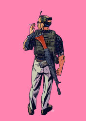 Rule 34 | 1boy, balding, battle rifle, black hair, cigarette, commentary, facing away, full body, glasses, gun, gun on back, headset, highres, howa type 64, load bearing vest, male focus, original, pink background, rifle, smoking, solo, weapon, weapon on back, yoh (yoh ill)