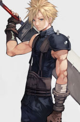 Rule 34 | 1boy, armor, asymmetrical armor, bandages, bare shoulders, black gloves, blonde hair, blue eyes, cloud strife, commentary, final fantasy, final fantasy vii, gloves, highres, holding, holding sword, holding weapon, looking at viewer, male focus, manly, muscular, short hair, shoulder plates, simple background, solo, spiked hair, square enix, sword, weapon, yoshio (55level)