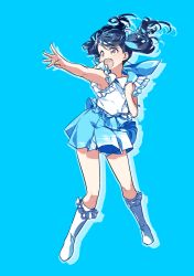 Rule 34 | 1girl, bare arms, black hair, blouse, blue background, blue ribbon, blue sailor collar, blue skirt, blue theme, boots, brown eyes, commentary request, fang, fukumaru koito, full body, hair ribbon, highres, idolmaster, idolmaster shiny colors, knee boots, miniskirt, open mouth, pleated skirt, reaching, reaching towards viewer, ribbon, sailor collar, sailor shirt, shirt, skin fang, skirt, sleeveless, sleeveless shirt, solo, susugi (sg01), twintails, white footwear, wind