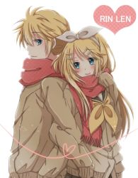 Rule 34 | 1boy, 1girl, blonde hair, blue eyes, blush, brother and sister, heart, hiro (hirohiro31), kagamine len, kagamine rin, long hair, long sleeves, scarf, siblings, smile, twins, vocaloid, white background