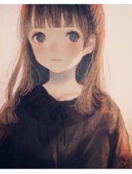Rule 34 | 1girl, black eyes, blush, brown hair, closed mouth, commentary request, nose, orie h, original, simple background, solo, sweater, upper body