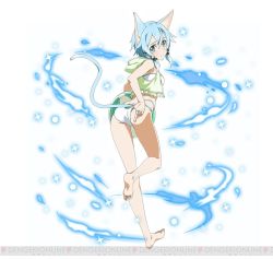 Rule 34 | 10s, 1girl, adjusting clothes, adjusting swimsuit, animal ears, ass, ball, barefoot, bikini, blue eyes, blue hair, cat ears, cat tail, clothing cutout, feet, full body, hair ornament, holding, holding ball, looking at viewer, matching hair/eyes, short hair, sinon, sinon (sao-alo), solo, swimsuit, sword art online, sword art online: code register, tail, tail through clothes, watermark, white bikini