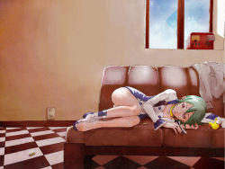 Rule 34 | 1girl, barefoot, bird, boots, couch, duck, eureka (eureka seven), eureka seven, eureka seven (series), green hair, hair ornament, hairclip, highres, indoors, kataoka jinsei, lying, official art, purple eyes, shoes, single shoe, solo, window