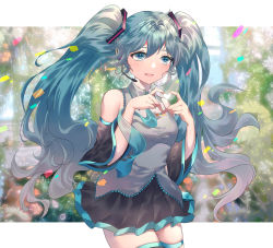 Rule 34 | 1girl, :d, bare shoulders, black skirt, black sleeves, black thighhighs, blue eyes, blue hair, blue nails, blue necktie, blush, breasts, collared shirt, commentary, confetti, cowboy shot, detached sleeves, grey shirt, hair between eyes, hands up, hatsune miku, headphones, headset, heart, heart hands, highres, long hair, long sleeves, nail polish, necktie, open mouth, pleated skirt, rhea (0u0), see-through, shirt, skindentation, skirt, sleeveless, sleeveless shirt, small breasts, smile, solo, thighhighs, tie clip, twintails, very long hair, vocaloid, wide sleeves