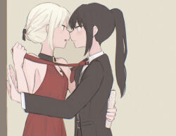 Rule 34 | 2girls, bare arms, black hair, black jacket, black ribbon, black suit, blonde hair, closed mouth, collared shirt, commentary request, dress, formal, grey background, hair ribbon, hair up, hand on another&#039;s back, highres, inoue takina, jacket, jewelry, long hair, lycoris recoil, masaru (kises j), multiple girls, necklace, necktie, necktie grab, neckwear grab, nishikigi chisato, one eye closed, ponytail, purple eyes, red dress, red eyes, red necktie, ribbon, shirt, simple background, sleeveless, sleeveless dress, smile, suit, suit jacket, upper body, white shirt, yuri