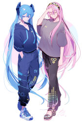 Rule 34 | 2girls, absurdres, adjusting hair, aqua eyes, aqua hair, black pants, blue hoodie, blue pants, closed eyes, collarbone, commentary, expressionless, female focus, full body, graphic equalizer, grey shirt, hair ornament, hairband, half-closed eyes, hand up, hands in pockets, hatsune miku, heart, highres, hood, hoodie, infinity symbol, light smile, long hair, looking at viewer, megurine luka, multiple girls, pants, pink hair, shirt, shoes, signature, simple background, sneakers, standing, toeless footwear, twintails, very long hair, vocaloid, wanaxtuco, white background