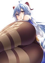 Rule 34 | 1girl, absurdres, ahoge, ass, ass focus, bare shoulders, black leotard, black pantyhose, blue hair, blush, commentary request, detached sleeves, from behind, ganyu (genshin impact), genshin impact, gloves, highres, horns, hoshimiya aki, leotard, long sleeves, looking at viewer, looking back, pantyhose, purple eyes, revision, simple background, solo, thick thighs, thighs, white background