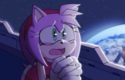 Rule 34 | 1girl, amy rose, artist name, chronocrump, diadem, dress, earth (planet), furry, furry female, green eyes, highres, holding hands, looking to the side, no humans, open mouth, pink fur, planet, pleading, ship, sky, sleeveless, solo, sonic (series), sonic adventure 2, space, spiked hair, star (sky), starry sky, tongue, twitter username, watercraft