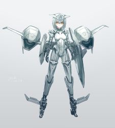 Rule 34 | 1girl, absurdres, ace combat, ace combat 7: skies unknown, adf-11f raven, arms at sides, bodysuit, drone, engine, full body, grey hair, grey theme, highres, joints, looking at viewer, mecha musume, orange eyes, personification, robot joints, shield, short hair, solo, standing, unmanned aerial vehicle, unmanned combat aerial vehicle, weapon uav (ace combat), wings, xsk (ruanmumu)