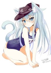 Rule 34 | 1girl, alternate costume, animal ear fluff, animal ears, bare shoulders, blue eyes, blush, breasts, cat ears, cat girl, cat tail, closed mouth, flat cap, full body, hair between eyes, hair ornament, hat, hibiki (kancolle), highres, hizaka, kantai collection, long hair, looking at viewer, name tag, one-hour drawing challenge, one-piece swimsuit, school swimsuit, silver hair, simple background, sitting, solo, swimsuit, tail, very long hair, white background