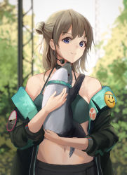 Rule 34 | 1girl, absurdres, animal, animal hug, bare shoulders, blue eyes, breasts, brown hair, closed mouth, crop top, girls&#039; frontline, green tank top, hair ornament, headphones, highres, holding, holding animal, honey badger, honey badger (girls&#039; frontline), jacket, long hair, looking at viewer, navel, nighttsound, simple background, solo, tank top