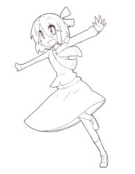 Rule 34 | 1girl, bad id, bad pixiv id, dress, embodiment of scarlet devil, female focus, hair ribbon, katsudansou, leg up, long sleeves, monochrome, open mouth, outstretched arms, outstretched hand, ribbon, rumia, shoes, short hair, skirt, smile, socks, solo, spread arms, touhou, vest