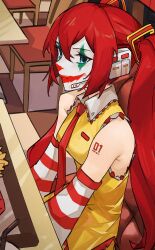 Rule 34 | 1girl, bare shoulders, blue eyes, closed mouth, clown, cosplay, detached sleeves, from side, hair between eyes, hatsune miku, headphones, headset, highres, long sleeves, mcdonald&#039;s, microphone, necktie, red hair, red necktie, ronald mcdonald, ronald mcdonald (cosplay), shirt, sitting, sleeveless, sleeveless shirt, solo, striped sleeves, twintails, vergil mon, vocaloid, yellow shirt