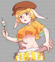 1girl animal_ears breasts brown_hat cabbie_hat dango disembodied_hand flat_cap floppy_ears food grabbing_another&#039;s_arm hand_on_another&#039;s_stomach hat highres holding looking_at_another looking_to_the_side midriff navel open_mouth orange_shirt panties rabbit_ears rabbit_girl red_eyes ringo_(touhou) shikido_(khf) shirt short_hair short_sleeves shorts signature simple_background striped_clothes striped_shorts touhou underboob underwear undressing_another wagashi white_panties yellow_shorts
