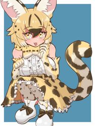 Rule 34 | 1girl, animal ears, bare shoulders, blonde hair, blue background, bow, bowtie, cat ears, cat girl, cat tail, elbow gloves, extra ears, gloves, highres, kemono friends, kneehighs, looking at viewer, ookii yama, serval (ex4) (kemono friends), shirt, shoes, short hair, simple background, skirt, sleeveless, sleeveless shirt, socks, solo, tail, tongue, yellow eyes