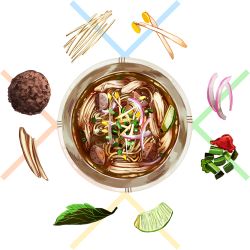 Rule 34 | bowl, food, food focus, from above, ichiknees, leaf, liquid, meatball, no humans, noodles, onion, original, pho, still life, vegetable